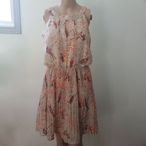 Pink Martini Bird Floral Print Chiffon Cream/Ivory Lined Mini Dress Sz S